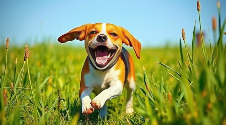 Happy dog playing in grass after successful flea treatment
