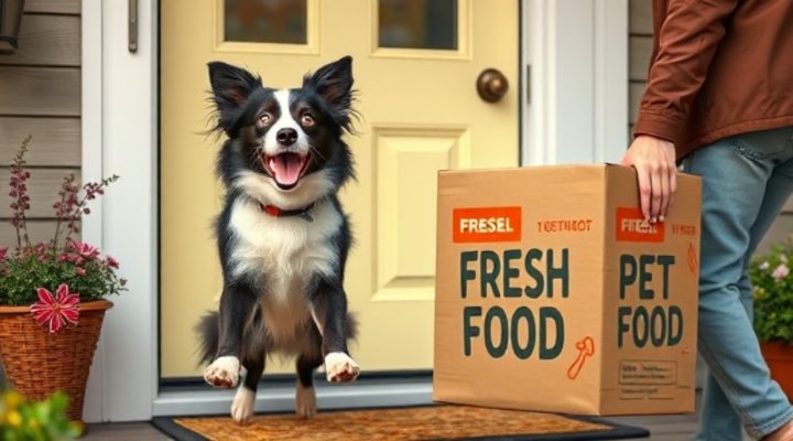 Excited dog receiving fresh dog food delivery at home