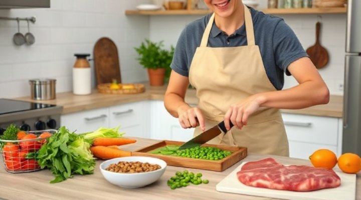 Person preparing homemade fresh dog food in a kitchen