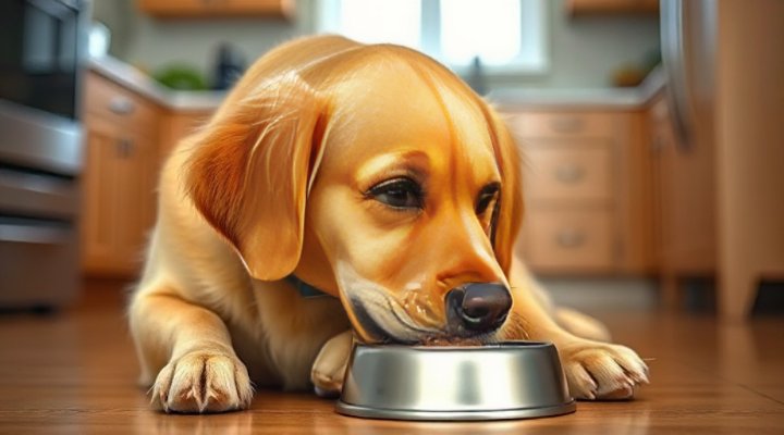 A happy golden retriever eating Purina One Dog Food from a bowl