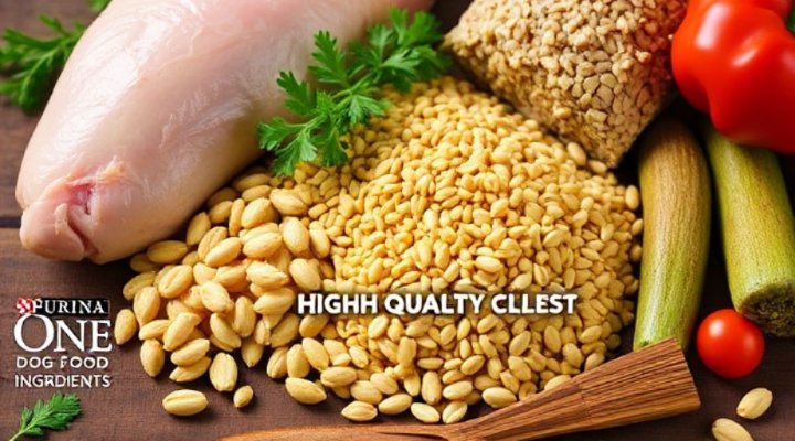 Close-up of Purina One Dog Food ingredients showing high-quality components