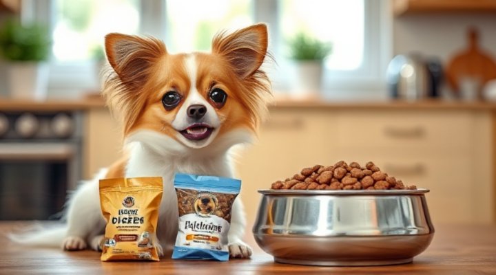 A small breed dog happily eating a bowl of specially formulated healthy dog food