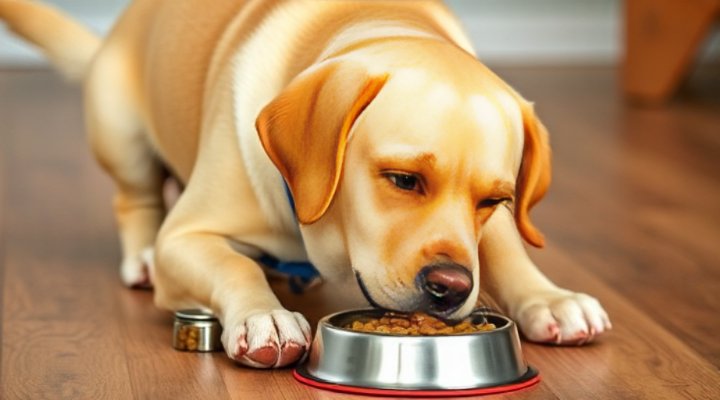 A happy dog eating Diamond Naturals dog food