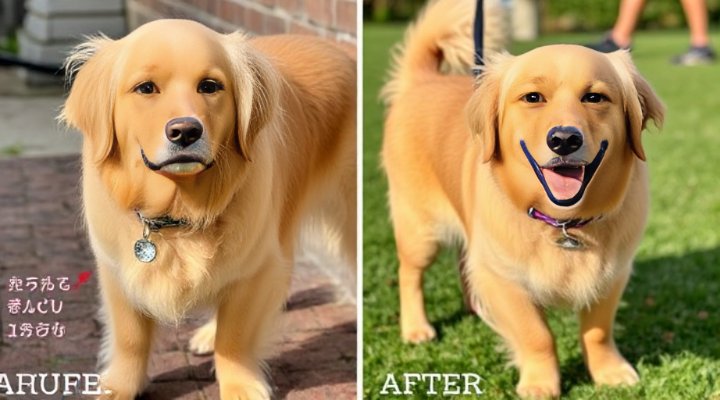 Before and after comparison of dog with digestive issues improving on Royal Canin