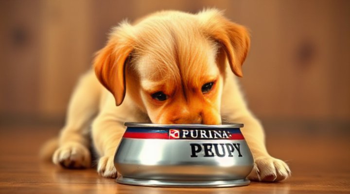 Golden retriever puppy enjoying Purina puppy food
