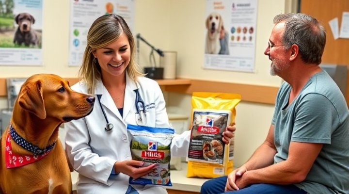 A veterinarian explaining Hills Dog Food options to a pet owner