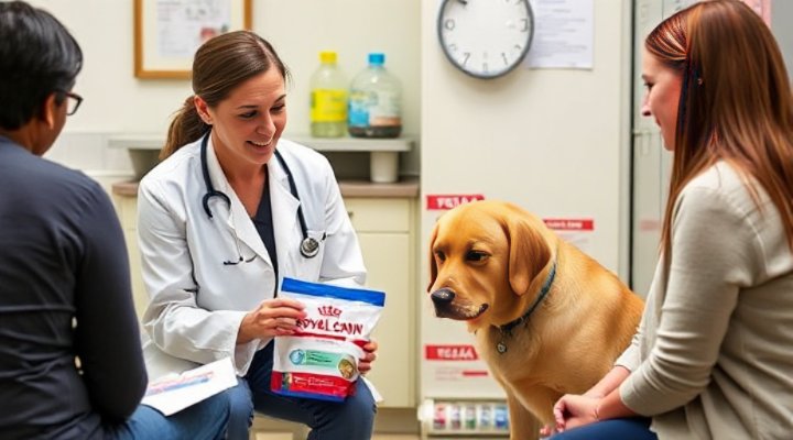 Kind veterinarian discussing Royal Canin Gastrointestinal food with concerned pet owner