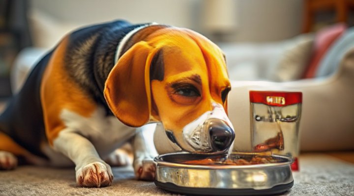 An older dog happily eating Hills Dog Food for seniors