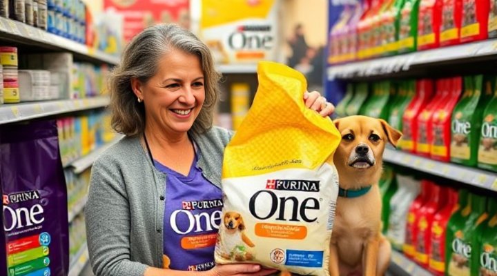 A thoughtful dog owner comparing Purina One Dog Food with other brands