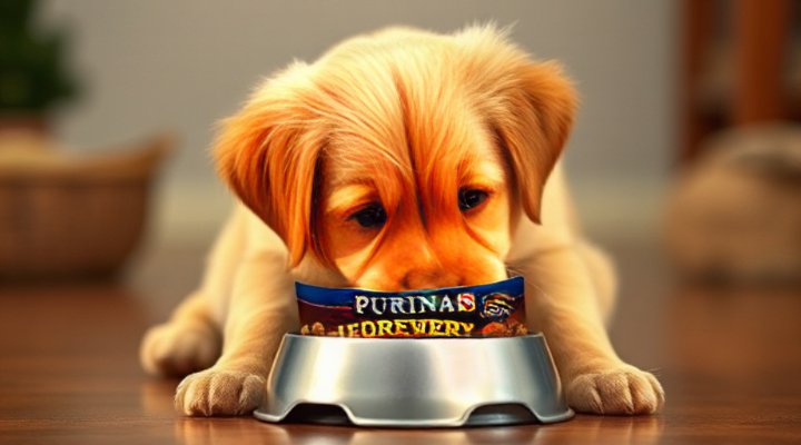 Adorable golden retriever puppy enjoying a bowl of Purina Dog Food