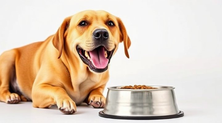 A happy dog eating Diamond Naturals dog food