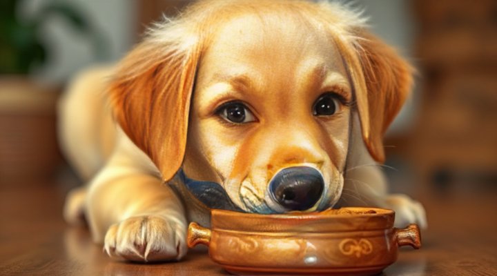 Golden retriever happily eating fresh dog food from a bowl