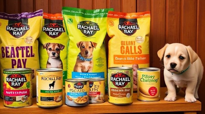 Different varieties of Rachael Ray Dog Food displayed together