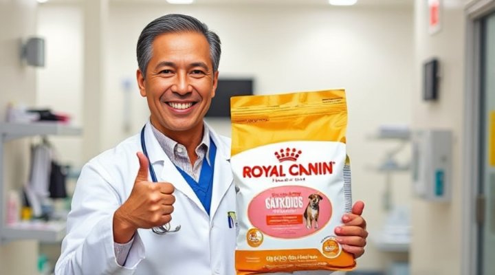 A friendly veterinarian holding a bag of Royal Canin Gastrointestinal dog food