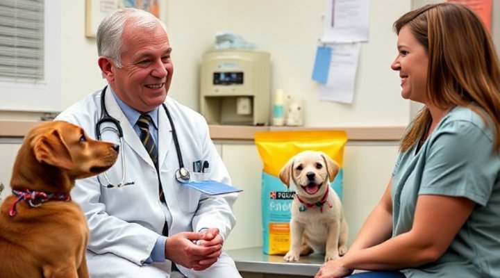 Friendly veterinarian discussing Purina Dog Food for Puppies with a pet owner