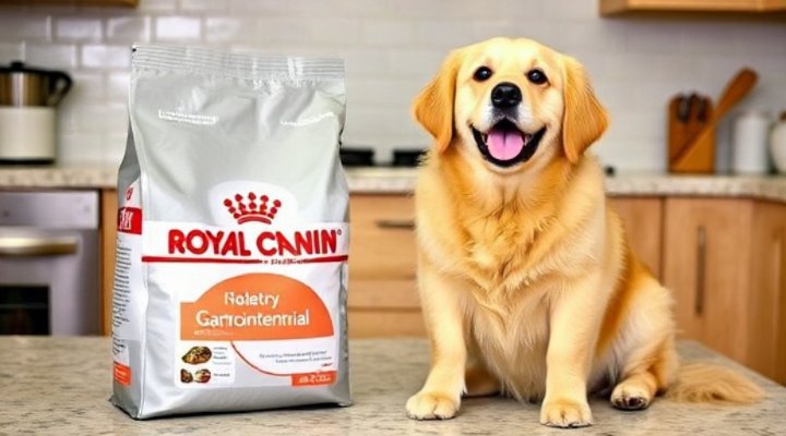 Royal Canin Gastrointestinal dog food packaging on a kitchen counter