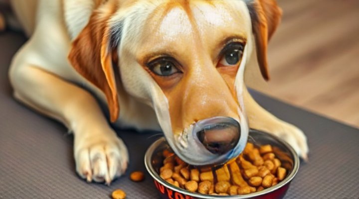 An older dog happily eating fresh food from a bowl