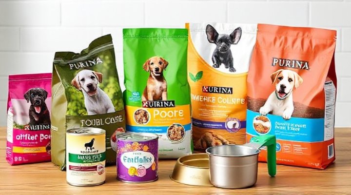 Variety of Purina puppy food formulas displayed