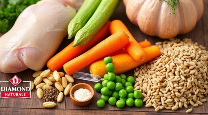 Fresh ingredients like chicken, vegetables, and grains used in Diamond Naturals dog food