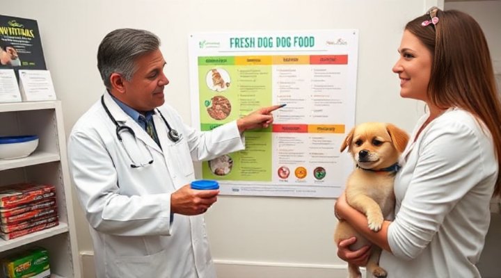 Friendly veterinarian explaining fresh dog food benefits to pet owner