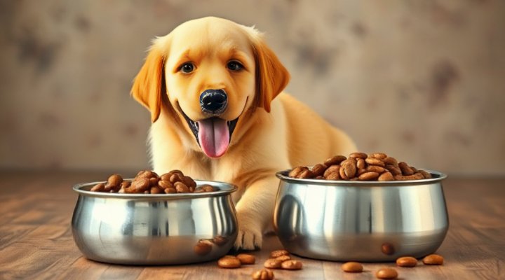 Golden retriever happily eating from a bowl of high-quality dog food