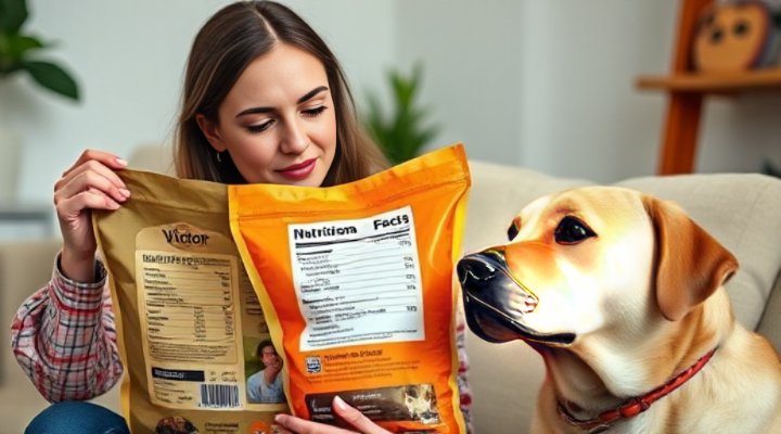 A caring dog owner reading the label on a bag of Victor Dog Food