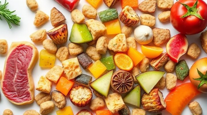 Close-up of high-quality freeze-dried dog food ingredients