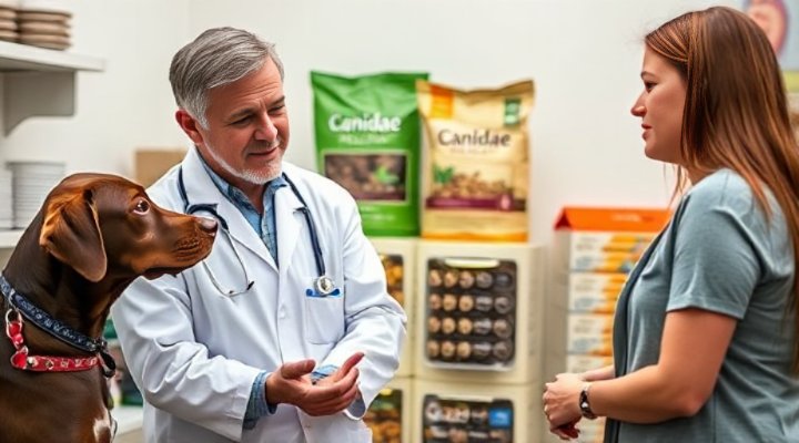 A veterinarian advising a pet owner about Canidae Dog Food for sensitive stomachs