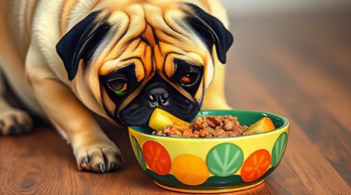 A small breed dog happily eating fresh dog food from a ceramic bowl