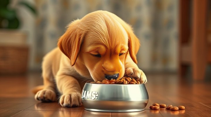 Cute golden retriever puppy enjoying Iams puppy food