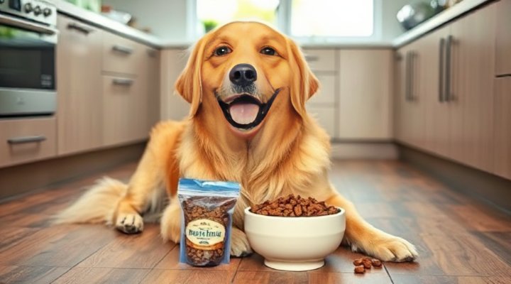 A happy golden retriever eating freeze-dried dog food from a bowl