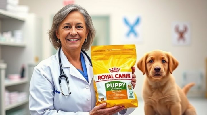 Friendly veterinarian holding Royal Canin puppy food and smiling