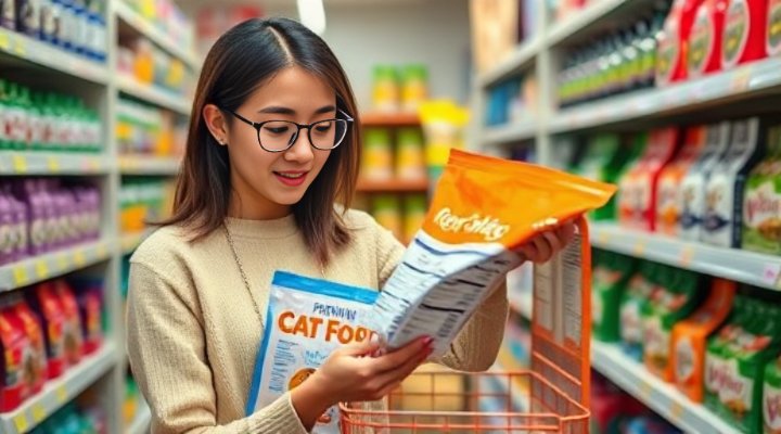 Person reading cat food nutrition labels carefully