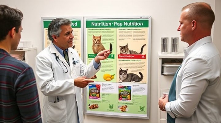 Veterinarian discussing cat food options with pet owner