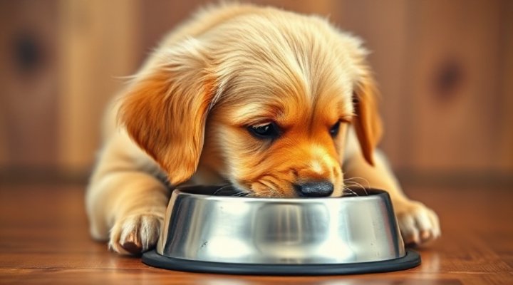 Cute golden retriever puppy enjoying a meal