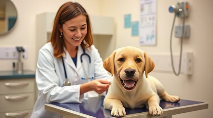 Kind veterinarian checking a happy puppy