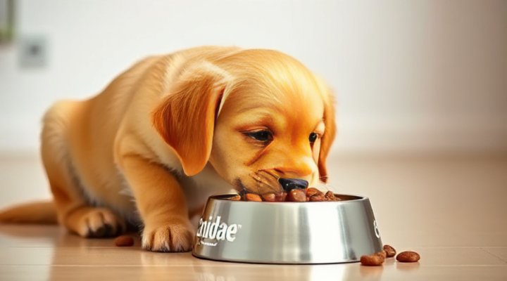A happy golden retriever puppy eating Canidae Dog Food from a bowl