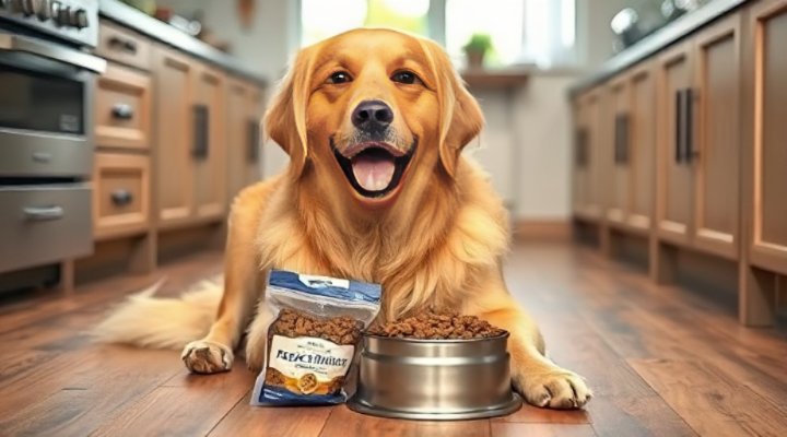 A happy golden retriever enjoying freeze-dried dog food