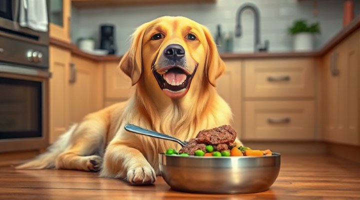 Golden retriever happily eating homemade dog food from bowl
