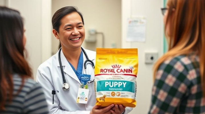 A veterinarian recommending Royal Canin Puppy Food to a pet owner