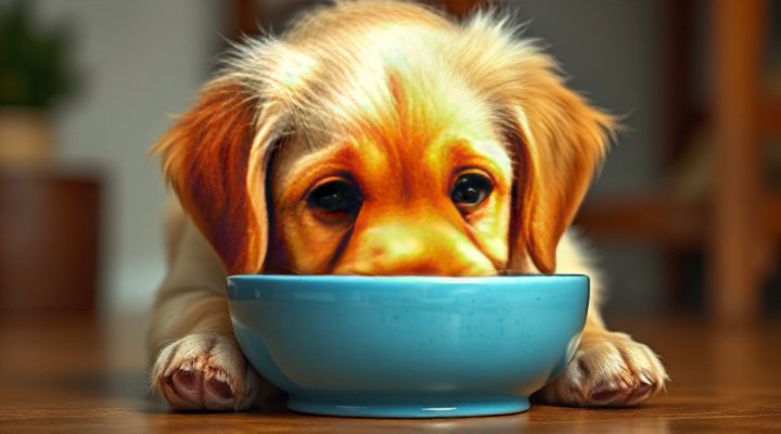Cute golden retriever puppy enjoying a meal