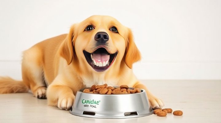 A happy golden retriever enjoying Canidae Dog Food for sensitive stomachs
