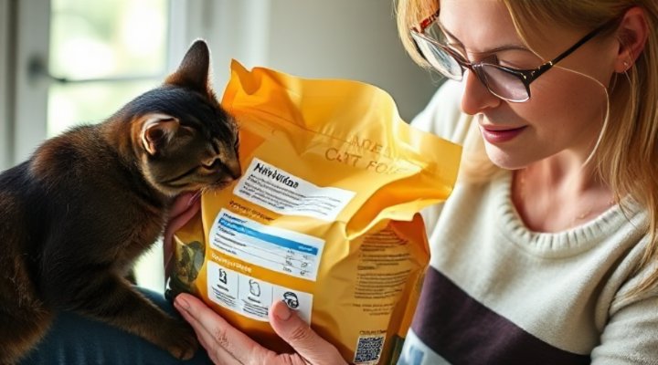 A person carefully reading the label on a bag of cat food