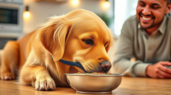 A happy golden retriever enjoying a bowl of fresh Farmer