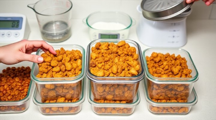 Measuring portions of homemade dog food into containers