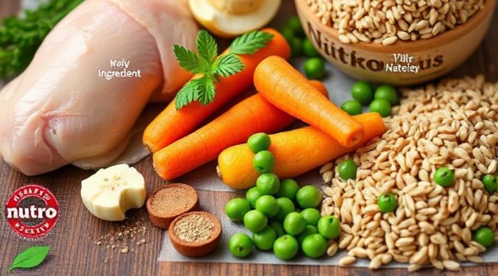 Close-up of natural ingredients like chicken, vegetables, and grains used in Nutro dog food