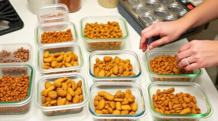 Portioning homemade dog food into containers for storage
