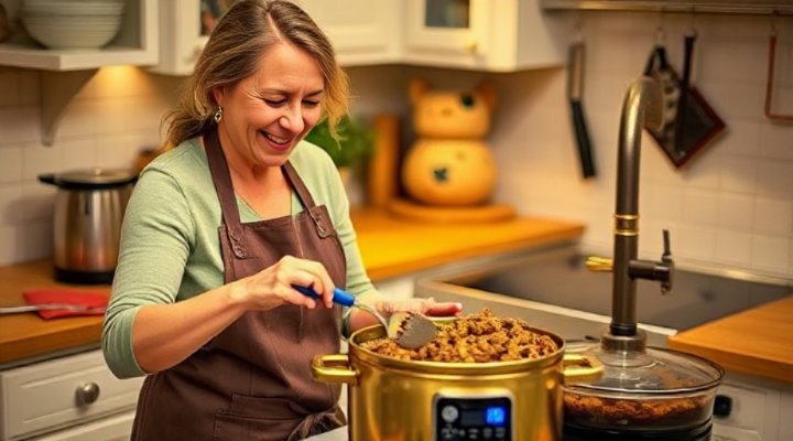 Person cooking homemade dog food in kitchen