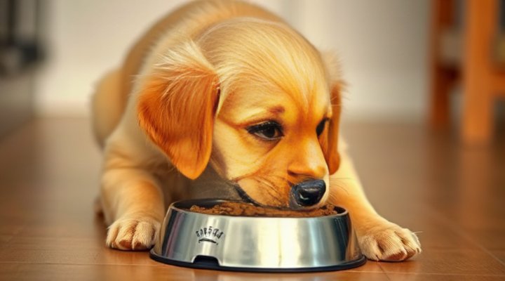 A happy golden retriever puppy enjoying Royal Canin puppy food