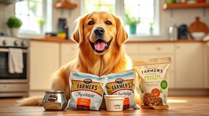 A happy golden retriever enjoying a bowl of Farmer